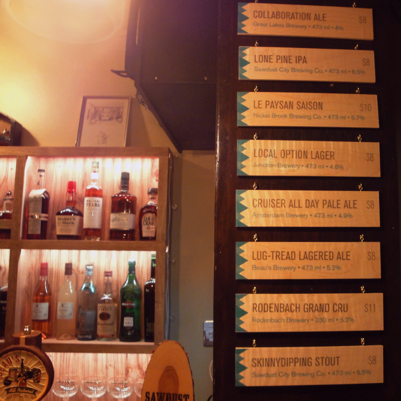The East Room tap handles and wood signage