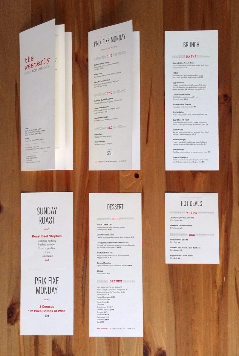 The Westerly full menu suite laid out