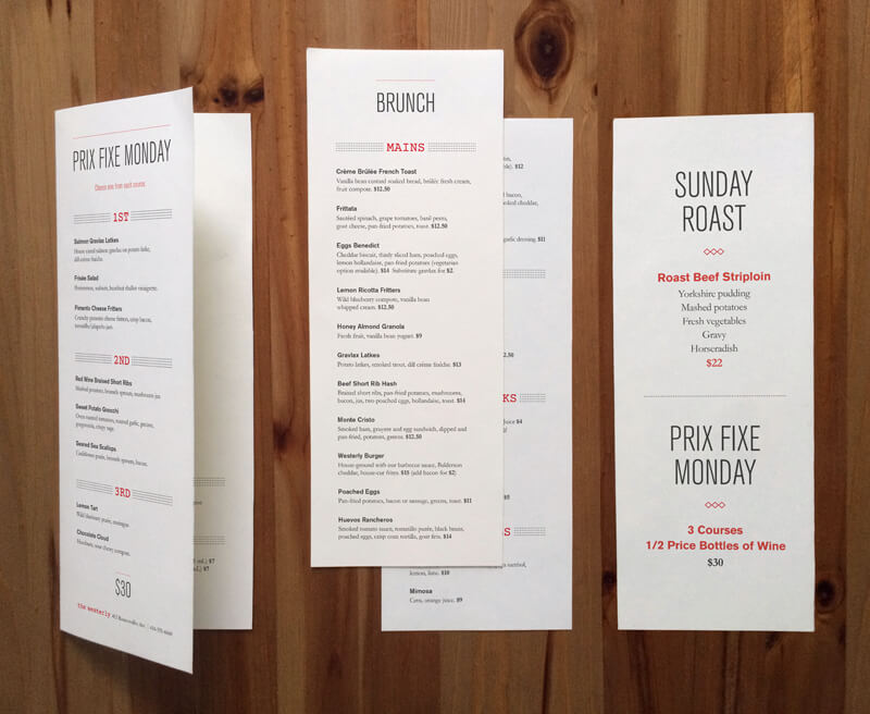 The Westerly brunch menu insert